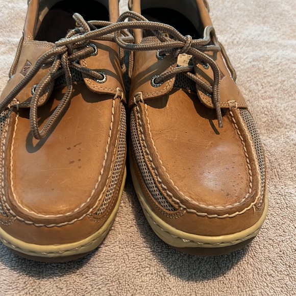 Mens Sperry Boat Shoes Size 10W Color: Tan Leather with Fabric insets - Picture 4 of 9